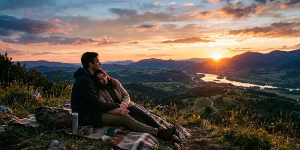Couple watching sunset from a hilltop