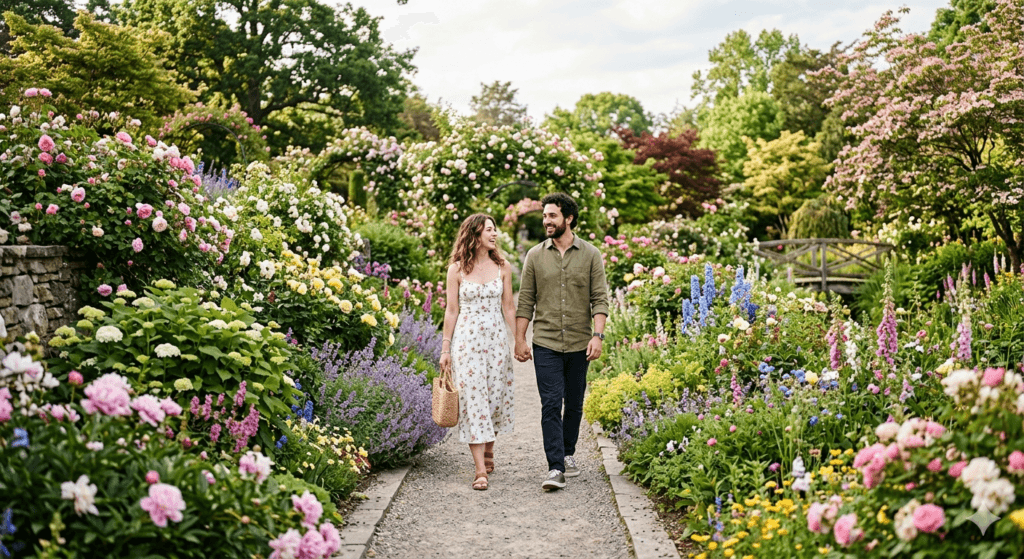 couple walking through botanical garden romantic outdoor date