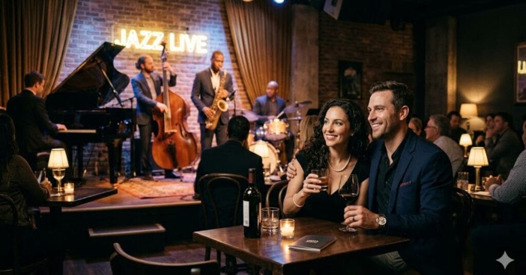 couple attending live jazz concert romantic date night out