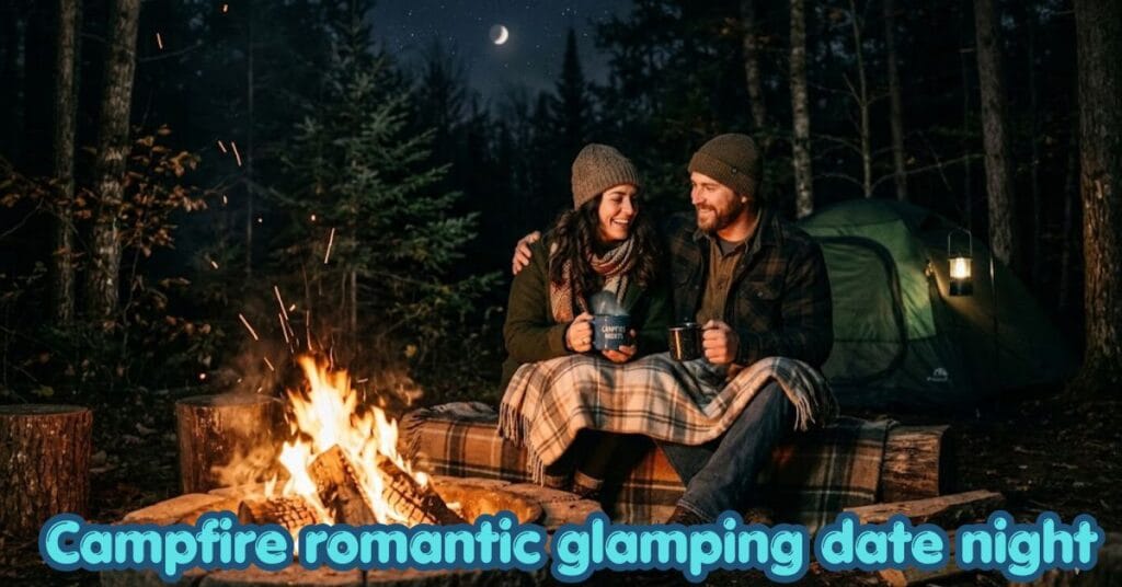 couple camping by campfire romantic glamping date night getaway