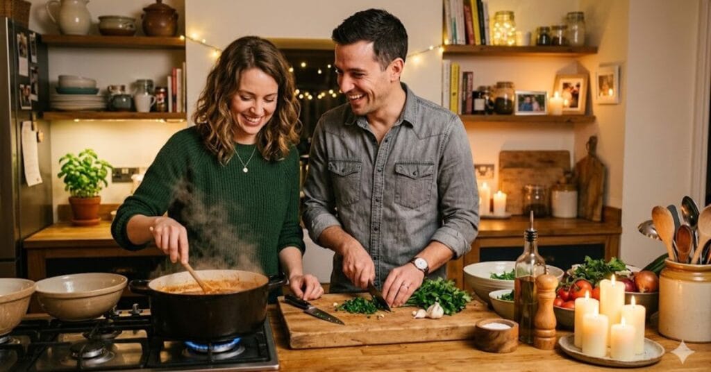 couple cooking together at home on a romantic date night
