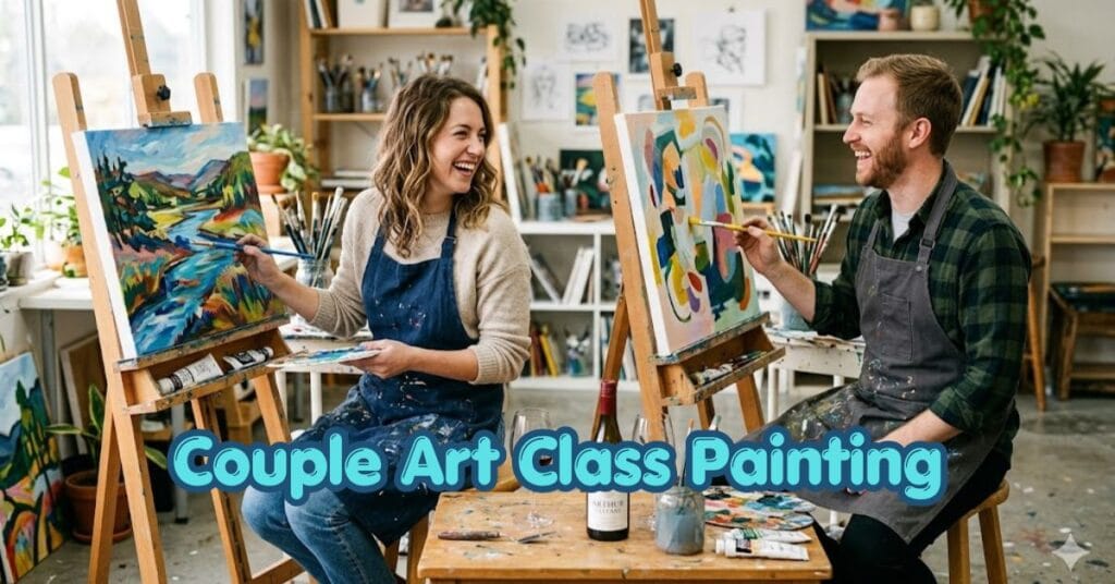 couple taking a painting art class together on a date night