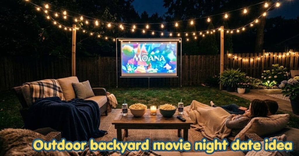 outdoor backyard movie night date idea with projector and fairy lights