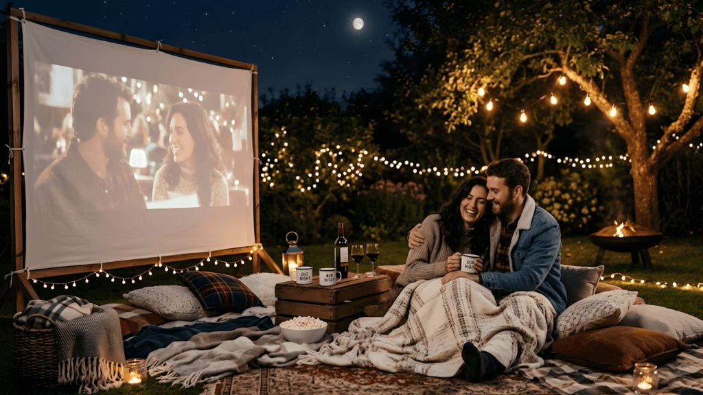outdoor movie night couple romantic setup