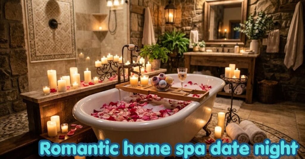 romantic home spa date night with candles rose petals and bath