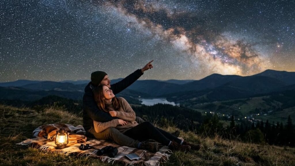 romantic stargazing couple night sky